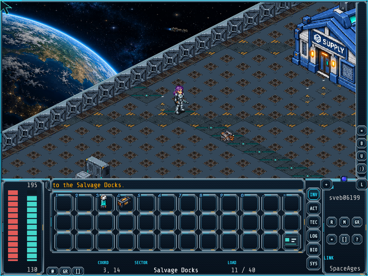 Native Space Ages game showing a crew member on isometric salvage decks above a blue planet